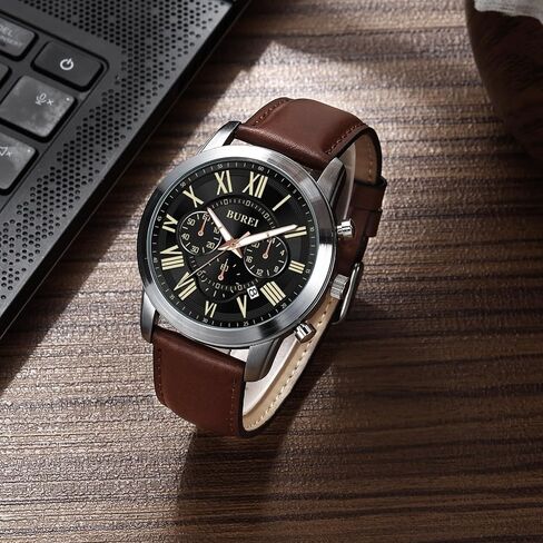 BUREI Men's Leather Watches Chronograph Quartz Watches for Men Classic Fashion Wristwatch Relojes para Hombres,Gift for Men(Brown Black) in Kuwait