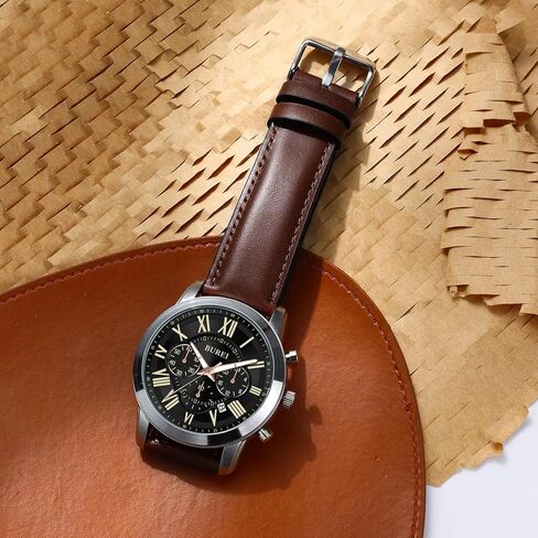 BUREI Men's Leather Watches Chronograph Quartz Watches for Men Classic Fashion Wristwatch Relojes para Hombres,Gift for Men(Brown Black) in Kuwait