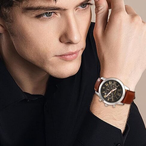 BUREI Men's Leather Watches Chronograph Quartz Watches for Men Classic Fashion Wristwatch Relojes para Hombres,Gift for Men(Brown Black) in Kuwait