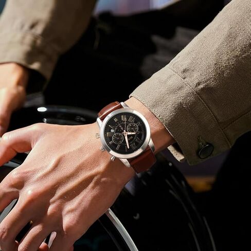 BUREI Men's Leather Watches Chronograph Quartz Watches for Men Classic Fashion Wristwatch Relojes para Hombres,Gift for Men(Brown Black) in Kuwait