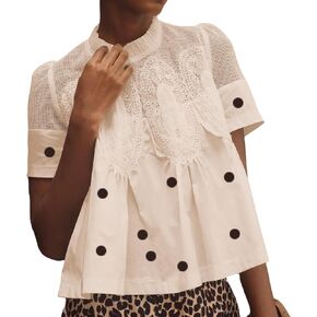 Women Lace Trim Blouse Mesh See Through Puff Short Sleeve Ruffle Pleated Shirts Mock Neck Summer Babydoll Tops in Saudi Arabia