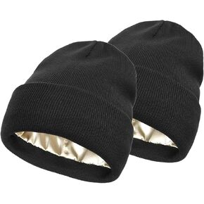 2 قطعة قبعات شتوية مبطنة بالساتان للنساء للجنسين قبعة صغيرة محبوكة مكبلة مع بطانة حريرية قبعة جمجمة مترهلة in Kuwait