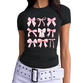 Bow Shirts for Women Cute Bow Print Tshirt Trendy Country Tee Summer Crewneck fit Short Sleeve Tops in Kuwait