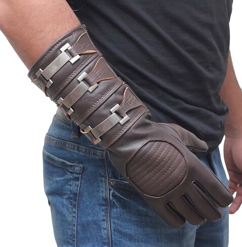URBAN BUCK Real Sheepskin Leather Sky Gauntlet Costume Glove - Regular Fit Long Arm Cuff Mens Premium Buckles Unlined Cosplay Gloves Black Right Hand (L) in Saudi Arabia