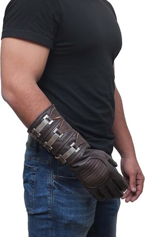 URBAN BUCK Real Sheepskin Leather Sky Gauntlet Costume Glove - Regular Fit Long Arm Cuff Mens Premium Buckles Unlined Cosplay Gloves Black Right Hand (L) in Saudi Arabia