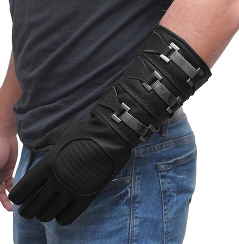 URBAN BUCK Real Sheepskin Leather Sky Gauntlet Costume Glove - Regular Fit Long Arm Cuff Mens Premium Buckles Unlined Cosplay Gloves Black Right Hand (L) in Saudi Arabia