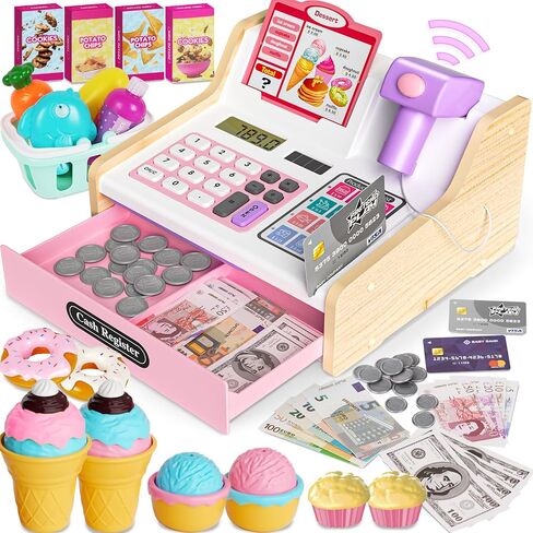 Rechargeable Wooden Kids Cash Register with Scanner, Pretend Play Cash Register Toy with Fake Money, Food, Credit Card, Toddler Boys Girls Age 2-4 4-8 in Kuwait
