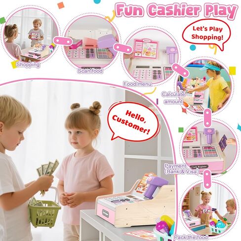 Rechargeable Wooden Kids Cash Register with Scanner, Pretend Play Cash Register Toy with Fake Money, Food, Credit Card, Toddler Boys Girls Age 2-4 4-8 in Kuwait