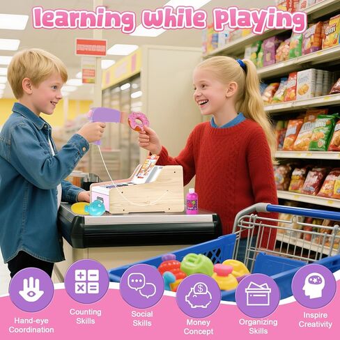 Rechargeable Wooden Kids Cash Register with Scanner, Pretend Play Cash Register Toy with Fake Money, Food, Credit Card, Toddler Boys Girls Age 2-4 4-8 in Kuwait