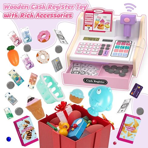 Rechargeable Wooden Kids Cash Register with Scanner, Pretend Play Cash Register Toy with Fake Money, Food, Credit Card, Toddler Boys Girls Age 2-4 4-8 in Kuwait