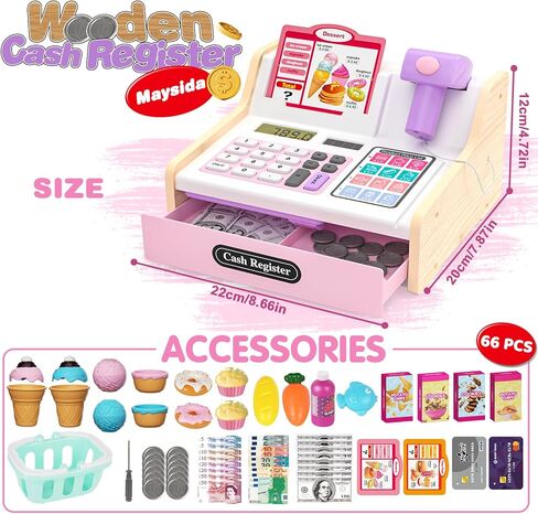 Rechargeable Wooden Kids Cash Register with Scanner, Pretend Play Cash Register Toy with Fake Money, Food, Credit Card, Toddler Boys Girls Age 2-4 4-8 in Kuwait