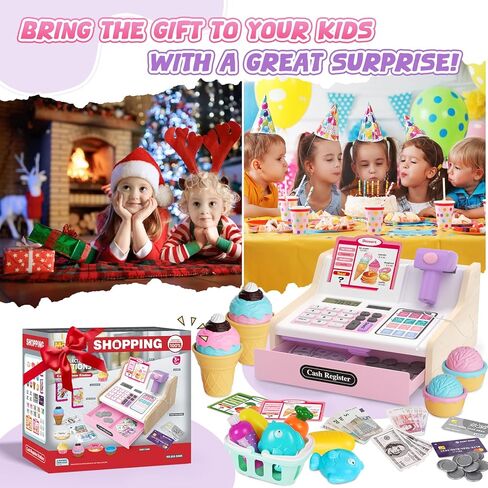 Rechargeable Wooden Kids Cash Register with Scanner, Pretend Play Cash Register Toy with Fake Money, Food, Credit Card, Toddler Boys Girls Age 2-4 4-8 in Kuwait