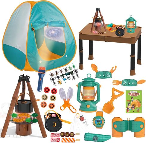 Qtioucp Kids Camping Set 50pcs with Tent & Space Projector Flashlight- Outdoor Campfire Toy Set for Toddlers Kids - Pretend Play Camp Gear Tools for Birthday Christmas in Kuwait