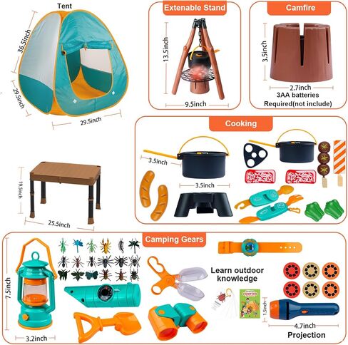 Qtioucp Kids Camping Set 50pcs with Tent & Space Projector Flashlight- Outdoor Campfire Toy Set for Toddlers Kids - Pretend Play Camp Gear Tools for Birthday Christmas in Kuwait