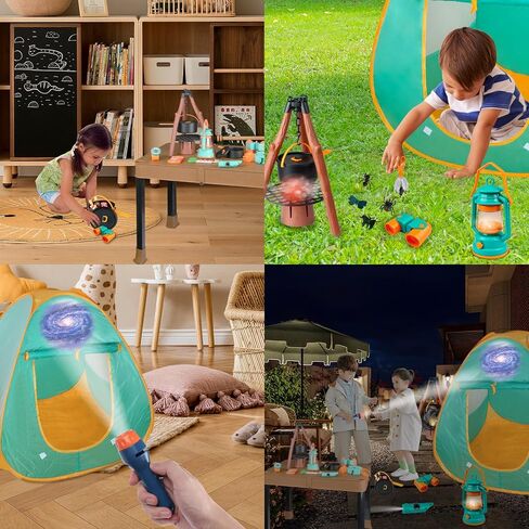 Qtioucp Kids Camping Set 50pcs with Tent & Space Projector Flashlight- Outdoor Campfire Toy Set for Toddlers Kids - Pretend Play Camp Gear Tools for Birthday Christmas in Kuwait