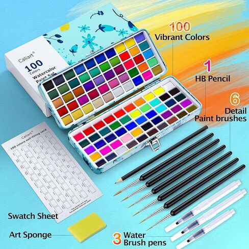 50 Colors Watercolor Paint Set with 6 Brushes, Portable Travel Water Color Kit with Carrying Case, Palette and Accessories, Non-Toxic Art Supplies Gift for Artists Adult Teen Kids Girls Boys in Kuwait