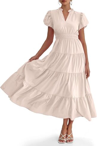 Wenrine Womens Summer Midi Dress Puff Short Sleeve V Neck Flowy Tiered Beach A-Line Dresses in Saudi Arabia