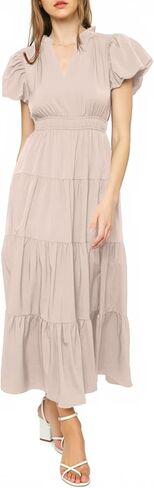 Wenrine Womens Summer Midi Dress Puff Short Sleeve V Neck Flowy Tiered Beach A-Line Dresses in Saudi Arabia