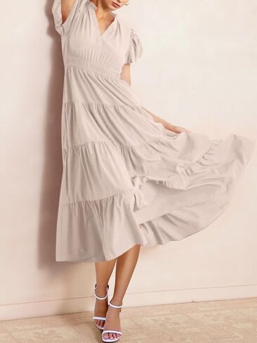 Wenrine Womens Summer Midi Dress Puff Short Sleeve V Neck Flowy Tiered Beach A-Line Dresses in Saudi Arabia