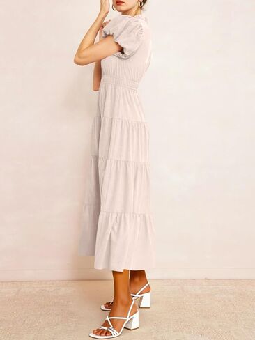 Wenrine Womens Summer Midi Dress Puff Short Sleeve V Neck Flowy Tiered Beach A-Line Dresses in Saudi Arabia
