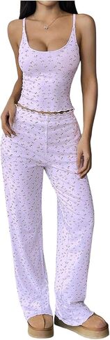 SHENHE Women's 2 Piece Pajama Set Sleeveless Crop Cami Top and Pants Y2k Floral Pjs Loungewear in Saudi Arabia
