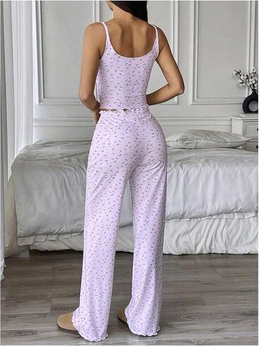 SHENHE Women's 2 Piece Pajama Set Sleeveless Crop Cami Top and Pants Y2k Floral Pjs Loungewear in Saudi Arabia