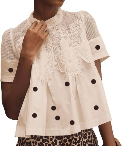 Women Lace Trim Blouse Mesh See Through Puff Short Sleeve Ruffle Pleated Shirts Mock Neck Summer Babydoll Tops in Kuwait