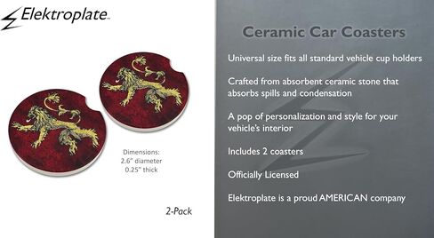 Elektroplate Officially Licensed Game of Thrones House Lannister Lion Automotive Ceramic Coasters (2.6" diameter) | Universal Fit for Cars, Trucks, SUVs, & More | Absorbent Non-Slip Durable | Set of 2 in Saudi Arabia