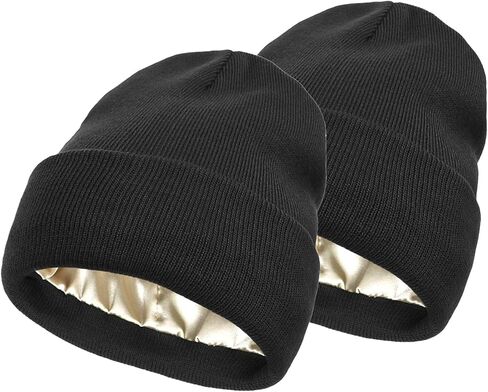 2 قطعة قبعات شتوية مبطنة بالساتان للنساء للجنسين قبعة صغيرة محبوكة مكبلة مع بطانة حريرية قبعة جمجمة مترهلة in Kuwait