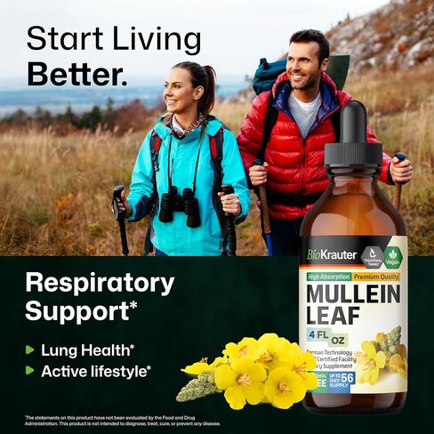 BIO KRAUTER Mullein Drops for Lungs 4 Fl. Oz - 56 Days of Supply - Pure Mullein Leaf Extract for Lung Detox & Cleanse - Vegan Respiratory Supplements - Non-GMO, No Sugar & Alcohol in Saudi Arabia