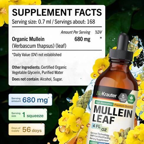 BIO KRAUTER Mullein Drops for Lungs 4 Fl. Oz - 56 Days of Supply - Pure Mullein Leaf Extract for Lung Detox & Cleanse - Vegan Respiratory Supplements - Non-GMO, No Sugar & Alcohol in Saudi Arabia