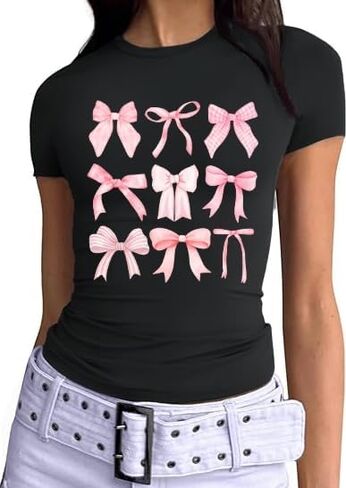 Bow Shirts for Women Cute Bow Print Tshirt Trendy Country Tee Summer Crewneck fit Short Sleeve Tops in Kuwait