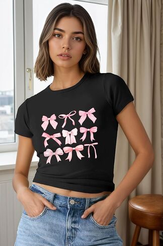 Bow Shirts for Women Cute Bow Print Tshirt Trendy Country Tee Summer Crewneck fit Short Sleeve Tops in Kuwait