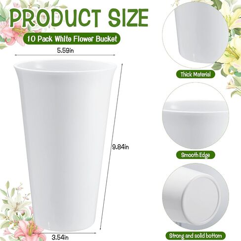 6 Pack Flower Buckets for Cut Flowers 9.84 Inch Plastic Floral Buckets Modern Round Vases for Centerpieces Display Decorative Plastic Vases for Home Office Wedding Decorations, White in Saudi Arabia