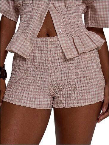 MakeMeChic Women's Summer Plaid Gingham Shorts Low Waist Smocked Mini Shorts in Saudi Arabia