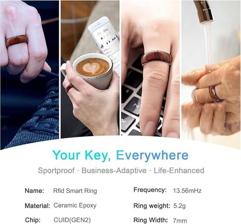 Koa Wood Band Inlay RFID Smart Ring سيراميك إيبوكسي أسود أو مطلي بالذهب معرف T5577 / IC CUID (GEN2) رقاقة استنساخ قابلة لإعادة الكتابة 125 كيلو هرتز / 13.56 ميجا هرتز حلقة بطاقات المفاتيح للتحكم في الوصول in Kuwait