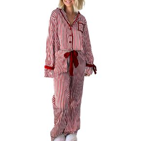 Thopavenoir Women 2 Piece Christmas Pajamas Set Cute Bow Tie Long Sleeve Button Down Shirt High Waist Wide Leg Pants Pj Set in Saudi Arabia