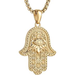AsAlways Stainless Steel Hand of Fatima Pendant Vintage Amulet Charm Relief Carving Evil Eye Hamsa Hand Necklace Religious Gifts in Kuwait