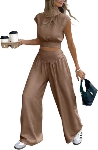 Verdusa Women's 2 Piece Business Casual Outfits Tie Back Summer Tops and Wide Leg Pants with Pockets in Kuwait