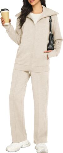 Women's 2 Piece Sweatsuit Sets Lounge Outfits Long Sleeve Double Zipper Sweatshirt Track Pants Casual Tracksuit in Saudi Arabia
