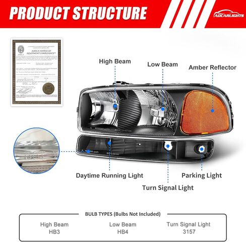 compatible with 1999-2006 Sierra Headlight Assembly for 99-06 GMC Sierra 1500 2500 3500/00-06 GMC Yukon Clear Lens Chrome Housing with Amber Reflector Headlamp Replacement Left and Right in Saudi Arabia