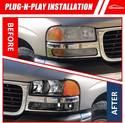 compatible with 1999-2006 Sierra Headlight Assembly for 99-06 GMC Sierra 1500 2500 3500/00-06 GMC Yukon Clear Lens Chrome Housing with Amber Reflector Headlamp Replacement Left and Right in Saudi Arabia