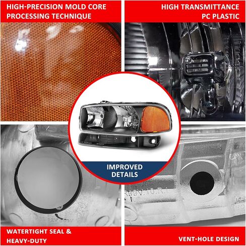 compatible with 1999-2006 Sierra Headlight Assembly for 99-06 GMC Sierra 1500 2500 3500/00-06 GMC Yukon Clear Lens Chrome Housing with Amber Reflector Headlamp Replacement Left and Right in Saudi Arabia