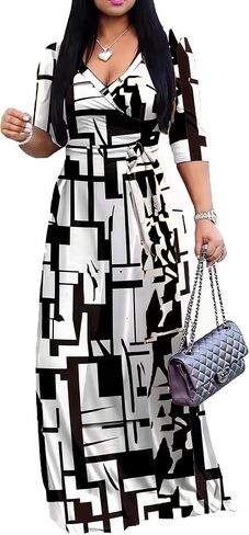 Sexy V Neck Print Maxi Dress for Women Casual Loose 3/4 Sleeves Outfits with Belt in Saudi Arabia