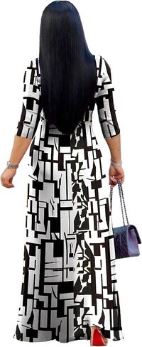 Sexy V Neck Print Maxi Dress for Women Casual Loose 3/4 Sleeves Outfits with Belt in Saudi Arabia