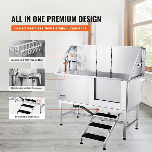 VEVOR 50 "Pet Dog Bathing Station w/Ramp ، Professional Stains Steeld Dog Grooming Tub W/Soap Box ، Faucet ، Encord Cancory ، حوض استحمام الكلاب للحيوانات الأليفة الكبيرة ، المتوسطة ، الصغيرة ، مغسلة غسل للمنزل اليمين in Kuwait