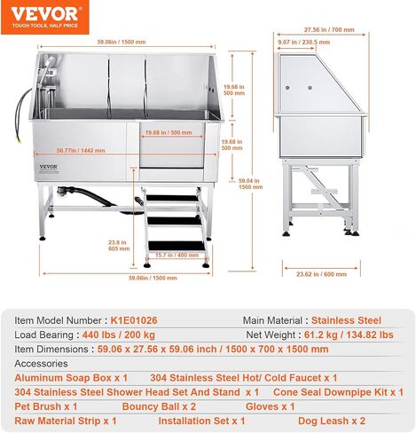 VEVOR 50 "Pet Dog Bathing Station w/Ramp ، Professional Stains Steeld Dog Grooming Tub W/Soap Box ، Faucet ، Encord Cancory ، حوض استحمام الكلاب للحيوانات الأليفة الكبيرة ، المتوسطة ، الصغيرة ، مغسلة غسل للمنزل اليمين in Kuwait