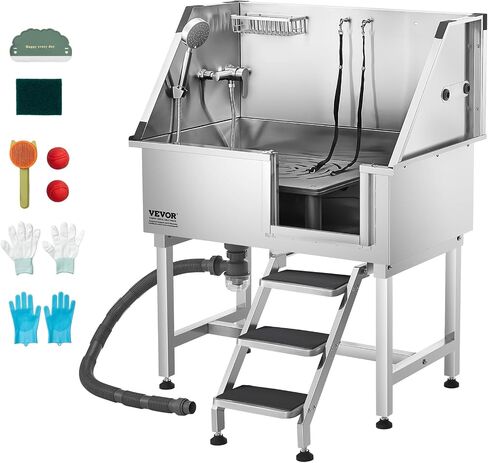 VEVOR 50 "Pet Dog Bathing Station w/Ramp ، Professional Stains Steeld Dog Grooming Tub W/Soap Box ، Faucet ، Encord Cancory ، حوض استحمام الكلاب للحيوانات الأليفة الكبيرة ، المتوسطة ، الصغيرة ، مغسلة غسل للمنزل اليمين in Saudi Arabia