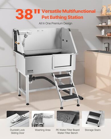 VEVOR 50 "Pet Dog Bathing Station w/Ramp ، Professional Stains Steeld Dog Grooming Tub W/Soap Box ، Faucet ، Encord Cancory ، حوض استحمام الكلاب للحيوانات الأليفة الكبيرة ، المتوسطة ، الصغيرة ، مغسلة غسل للمنزل اليمين in Saudi Arabia