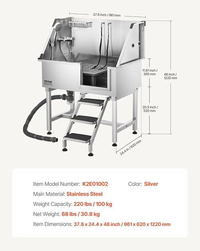 VEVOR 50 "Pet Dog Bathing Station w/Ramp ، Professional Stains Steeld Dog Grooming Tub W/Soap Box ، Faucet ، Encord Cancory ، حوض استحمام الكلاب للحيوانات الأليفة الكبيرة ، المتوسطة ، الصغيرة ، مغسلة غسل للمنزل اليمين in Saudi Arabia